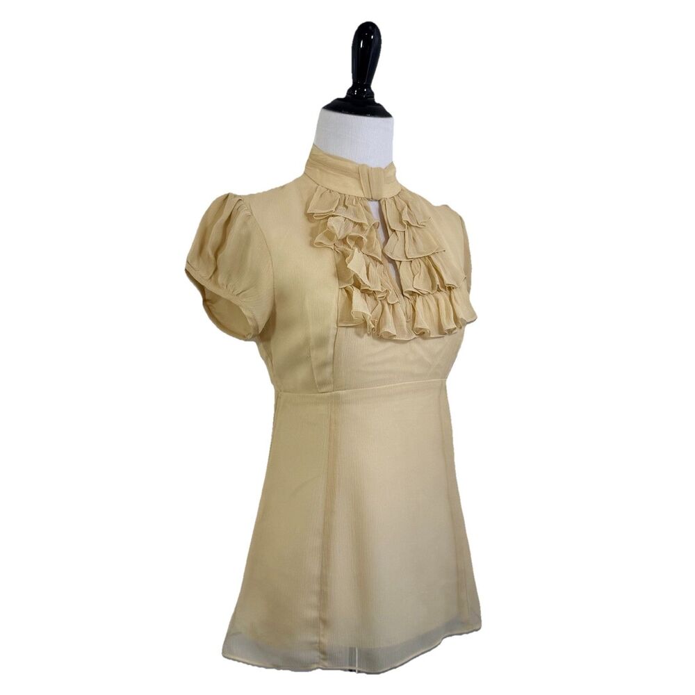 Nanette Lepore VTG Blouse 0 100% Silk Crinkle Cream Victorian Ruffle Fitted Zip - Picture 3 of 16